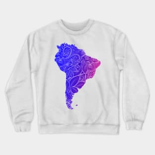 Colorful mandala art map of South America with text in blue and violet Crewneck Sweatshirt